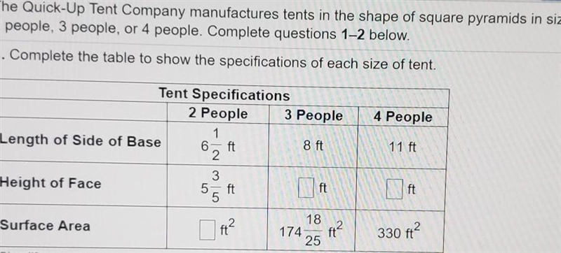 The Quick-Up Tent Company manufactures tents in the shape of square pyramids in sizes-example-1