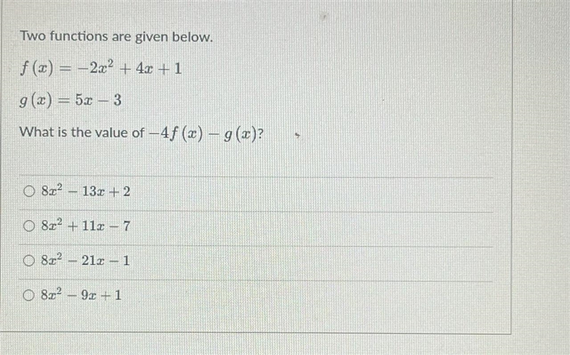 Two functions are given below. f(x) = - 2x ^ 2 + 4x + 1; g(x) = 5x - 3 What is the-example-1