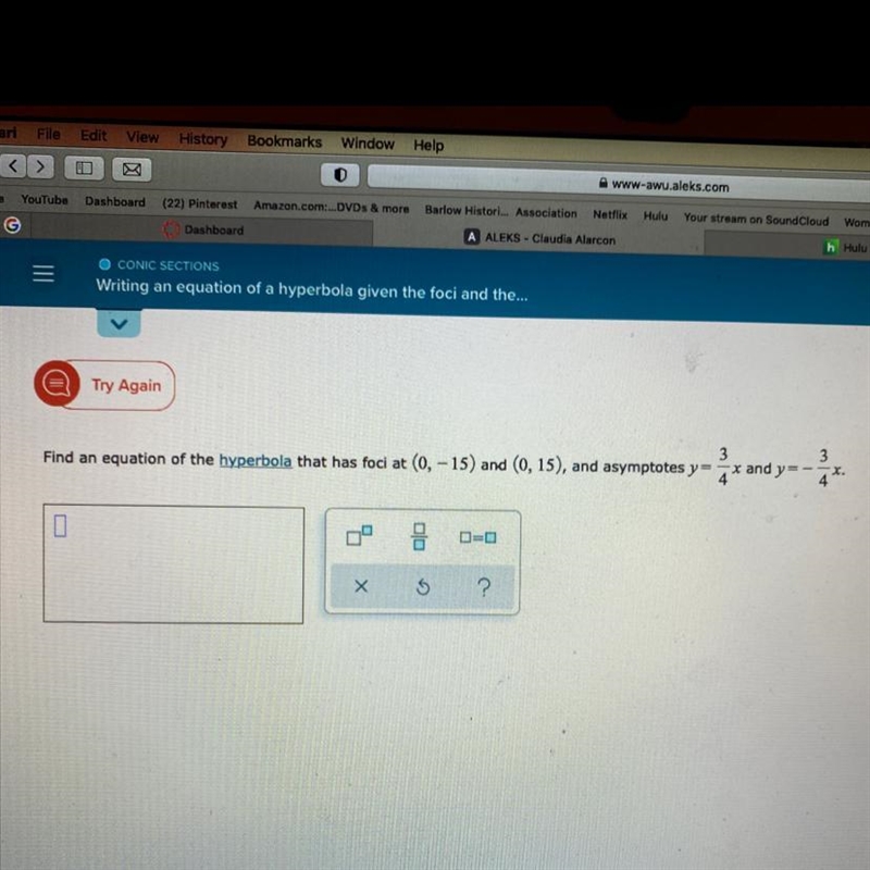 Write a equation of a hyperbola given the foci and the asymptotes-example-1