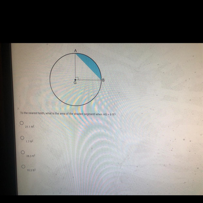 To the nearest tenth, What is the area of a shaded segment when AG= 6 ft-example-1