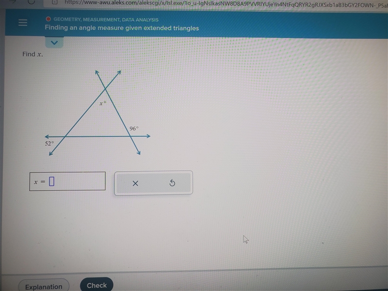 Find x. Finding an angle measure given extended triangles-example-1