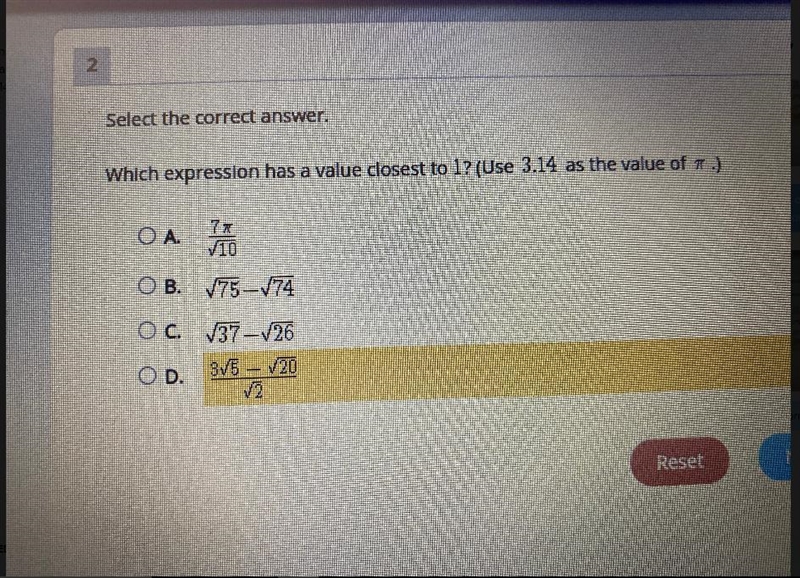 Select the correct answer.Which expression has a value closest to 1? (Use 3.14 as-example-1