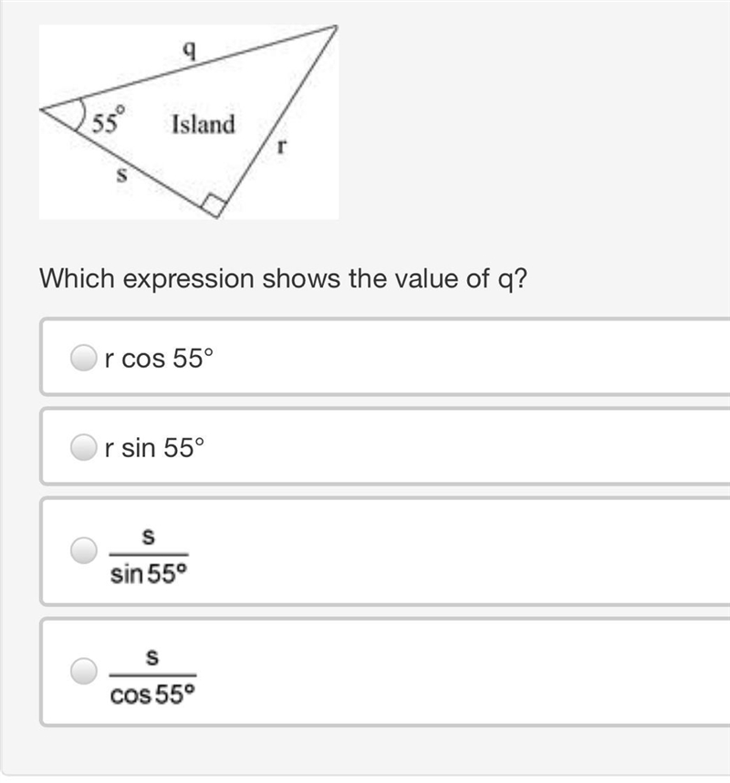 Which expression shows the value of q? r cos 55° r sin 55° s over sin 55 degrees s-example-1