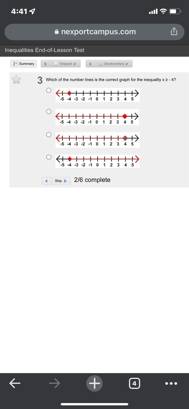 Which of the number lines is the correct graph for the inequality x ≥ - 4?-example-1