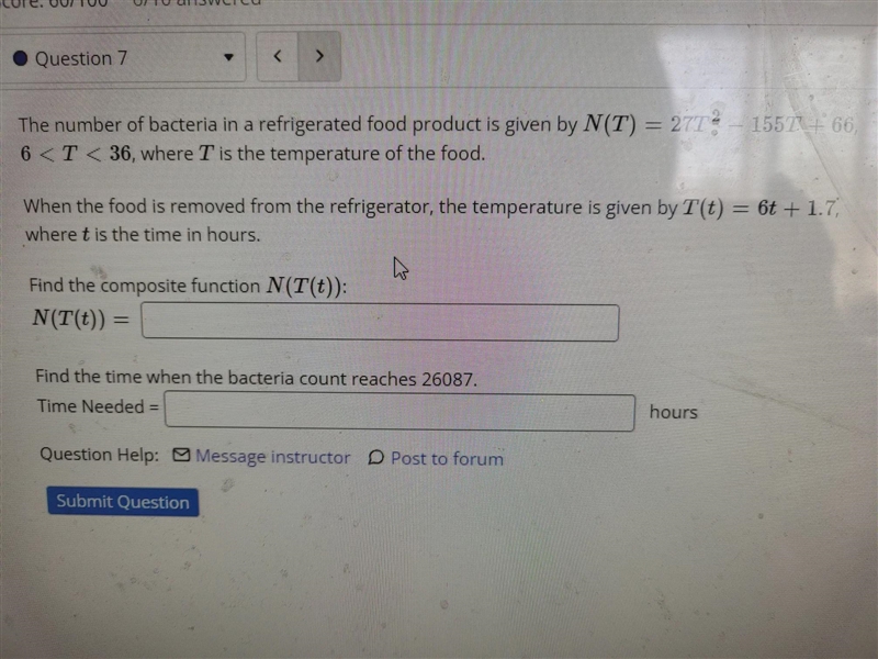 The number of bacteria in a refrigerated food product is given by N(T) = 27T^2 - 155T-example-1