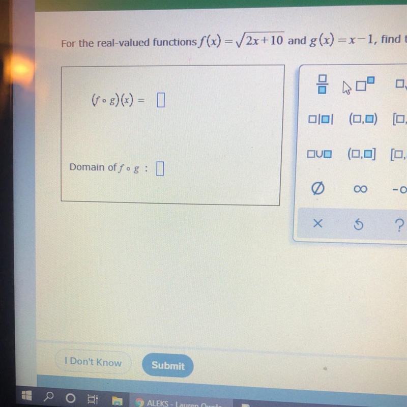 For the real-valued functions f(x) = 2x+10 and g(x) = x-1, find the composition f-example-1