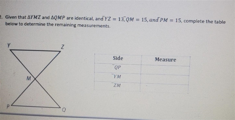 Given that AYMZ and AQMP are identical, and YZ = 13.0M = 15 and PM = 15, complete-example-1