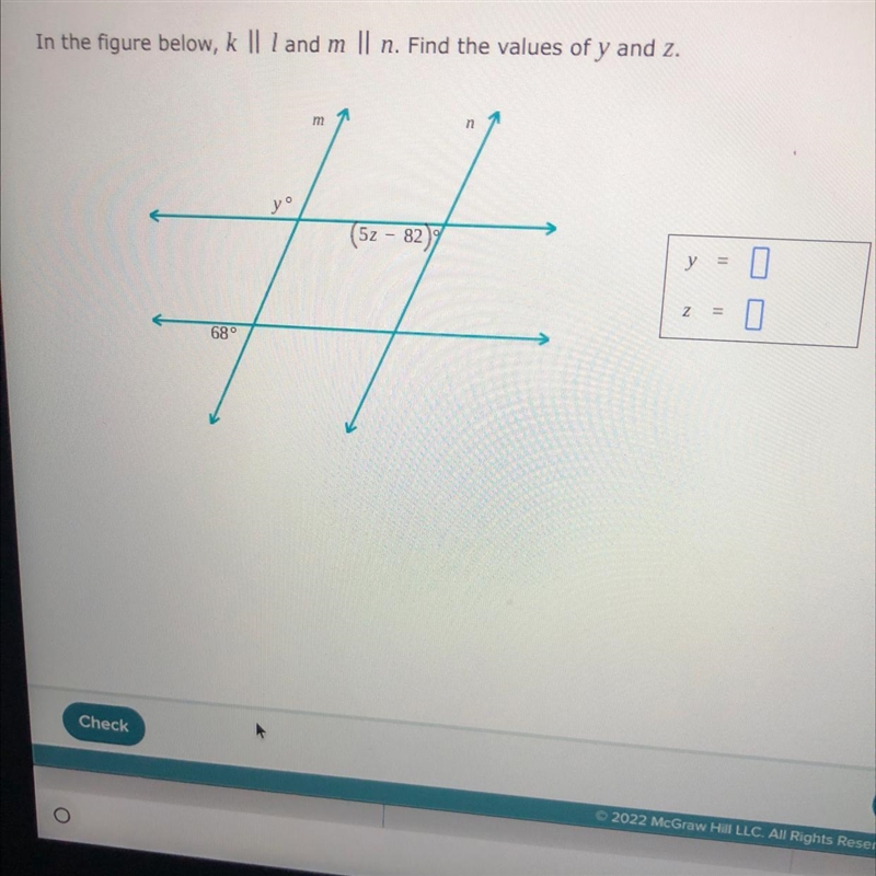 In the figure below, k | l and m | n. Find the values of y and z. m yo 5z 82 # 68° N-example-1