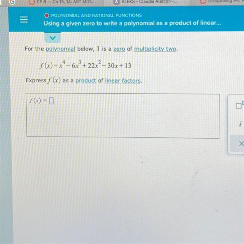 Using a given zero to a polynomial as a product of linear factors complex zeros-example-1