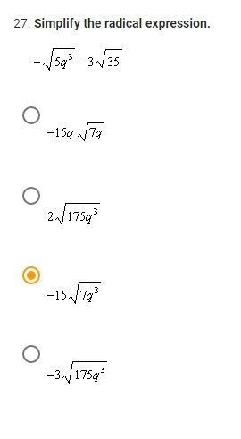 Simplify the radical expression -√5q^3*3√35-example-1