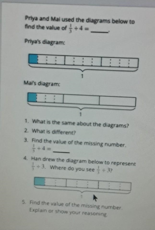 Priya and Mai used the diagram below to find the value of 1/3 ÷ 4-example-1