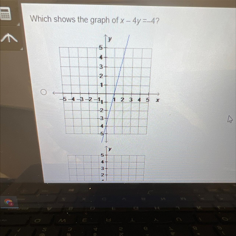 Which shows the graph of x - 4y=-4?5O1 2 3 4 5 x433-2+4-5-4-3-2-12-لنا -343-51543212-A-example-1