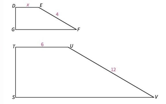 This figure shows two similar polygons; DEFG∼TUVS. Find the value of x.-example-1