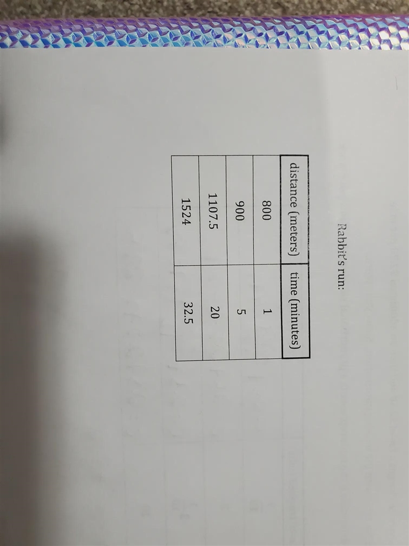 Rabbit's run: distance (meters) time (minutes) way 800 1 900 5 1107.5 20 1524 32.5-example-1