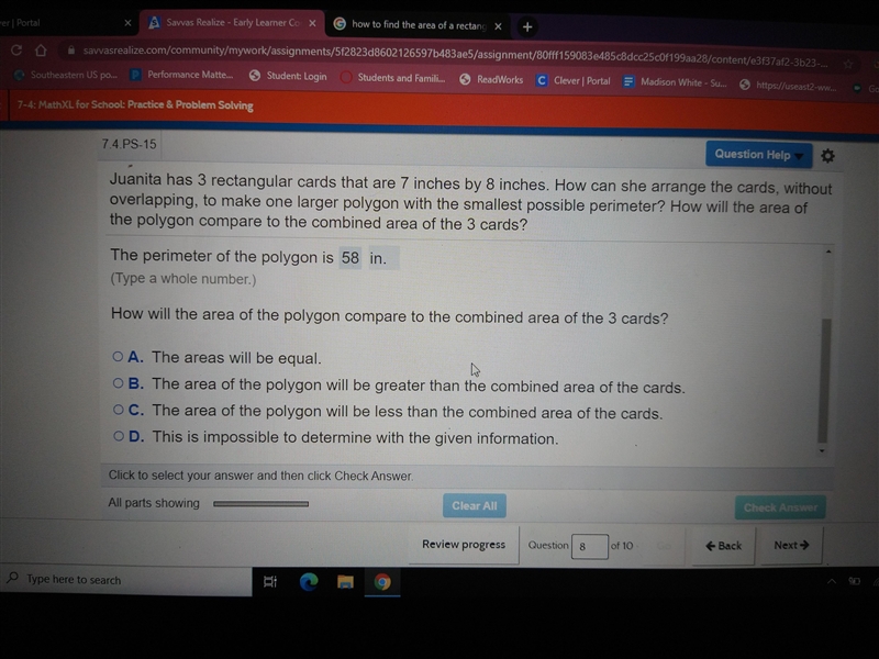 7.4.PS-15 Question Help Juanita has 3 rectangular cards that are 7 inches by 8 inches-example-1