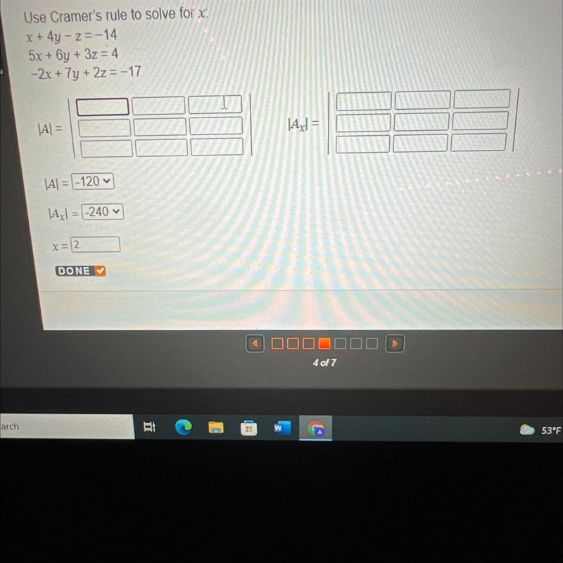 Use Cramer's rule to solve for x x + 4y - z=-14 5x + 6y + 3z = 4 -2x + 7y + 2z = -17-example-1