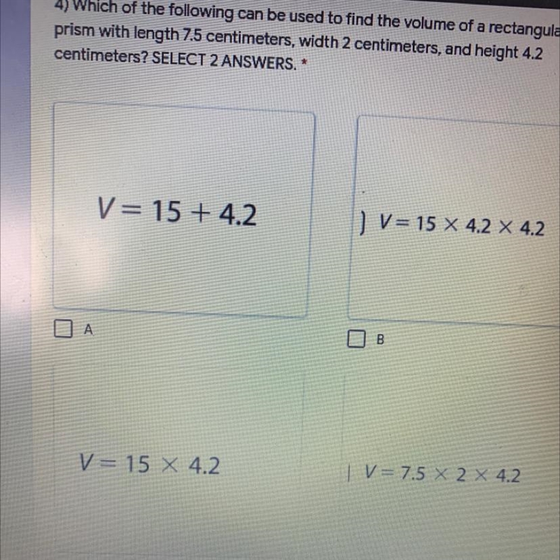 Look at pic for questionE: V = (7.5 + 2) x 4.2-example-1