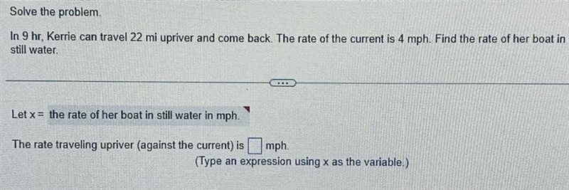 The rate traveling upriver is ____(Write it as an expression)-example-1