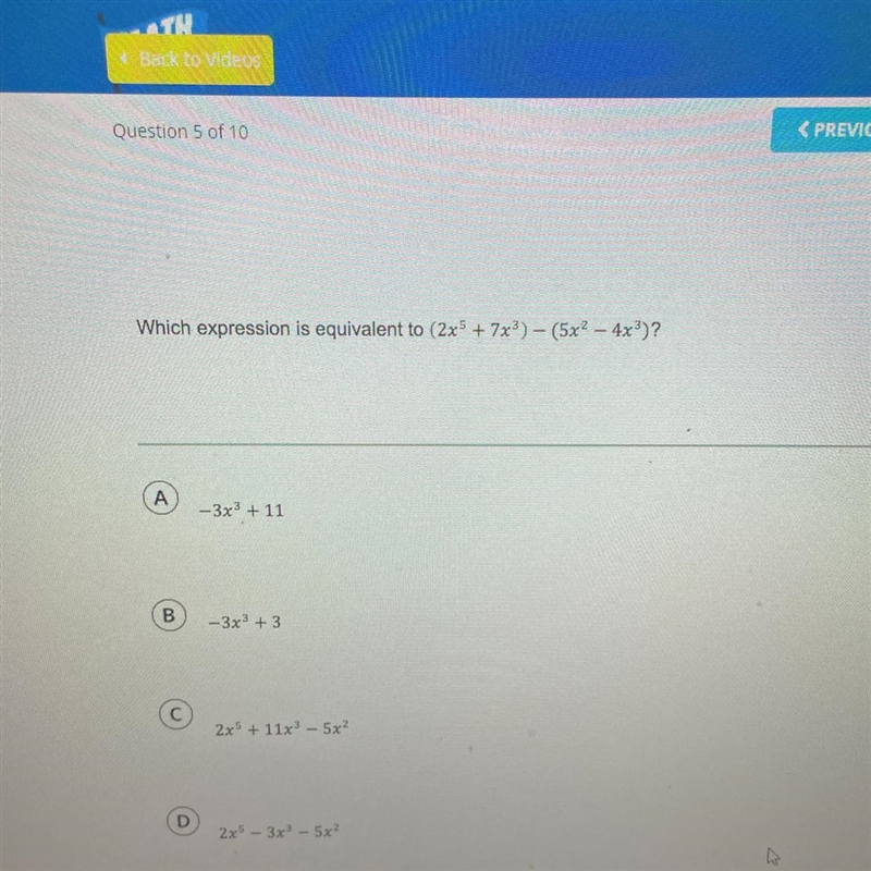 Which expression is equivalent to (2x5 + 7x3) - (5xl - 4x*)?-example-1