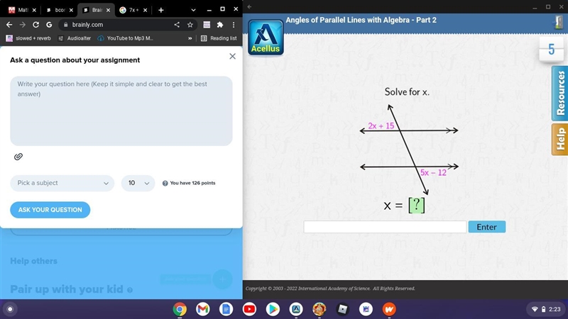 Solve for x. 2x + 15 5x - 12-example-1