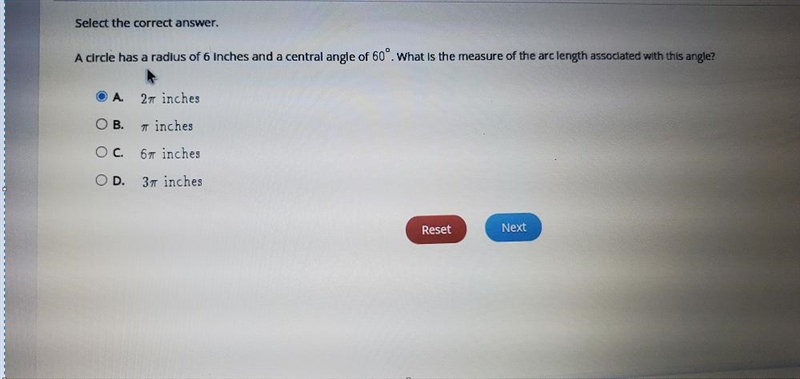 a circle has a radius 6 in in a central age of 60 what is the measure of the arc length-example-2