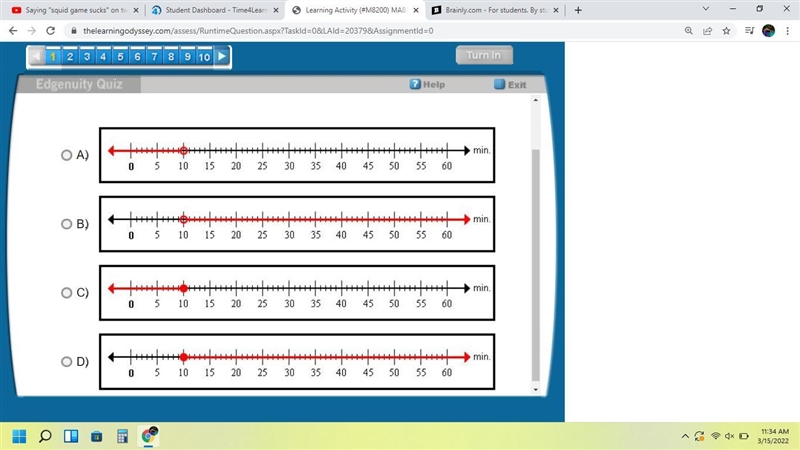 Annette has less than 10 minutes to complete her task. Which graph represents all-example-1