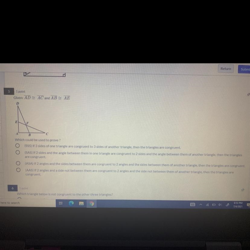 Given AD is congruent to AC and AB is congruent to AE, which could be used to prove-example-1