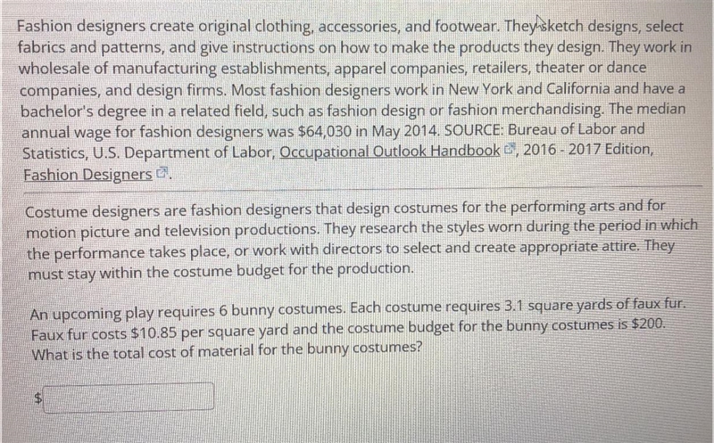 Pls help! Geometry What is the total cost of material for bunny costumes?-example-1