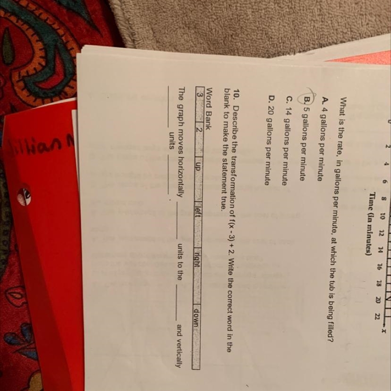 Describe the transformation of f(x - 3) + 2. Write the correct word in theblank to-example-1