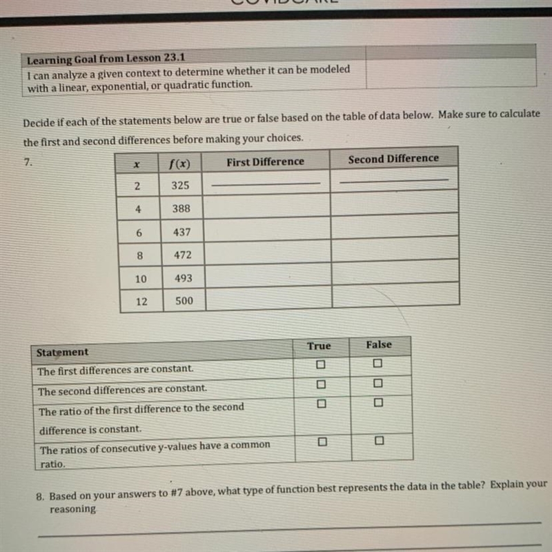 Decide if each of the statements below are true or false based on the table of data-example-1