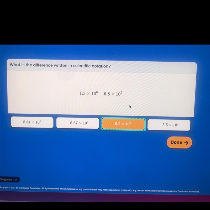 What is the difference written in scientific notation?1.3 x 106 - 6.8 x 1058.84 x-example-1