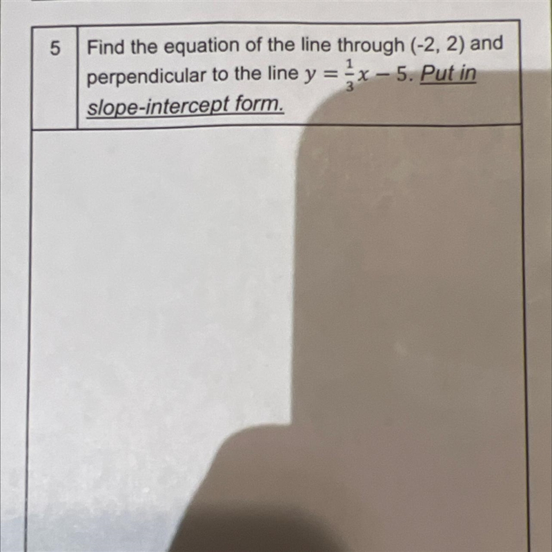 5Find the equation of the line through (-2, 2) andperpendicular to the line y = x-example-1