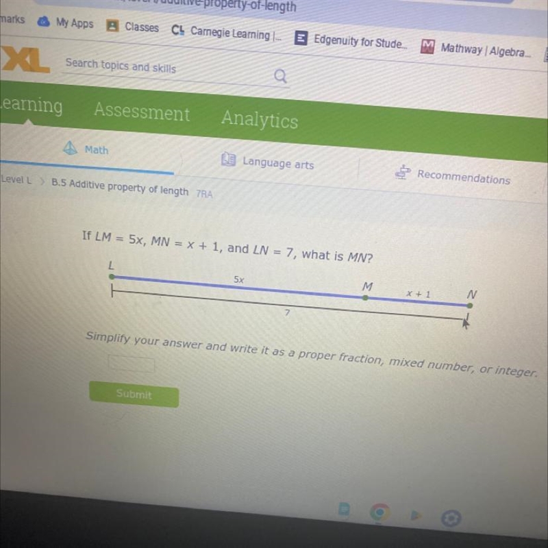 If LM = 5x, MN = x + 1, and LN = 7, what is MN?-example-1