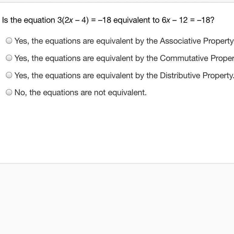 Is the equation 3(2 x-4)=-18 equivalent to 6 x-12=-18 ?Yes, the equations are equivalent-example-1