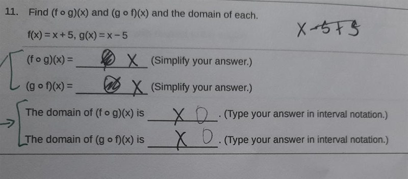 Find (f o g) (x) and (g o f) (x) and the domain of each. f(x)=x+5, g(x)=x-5-example-1