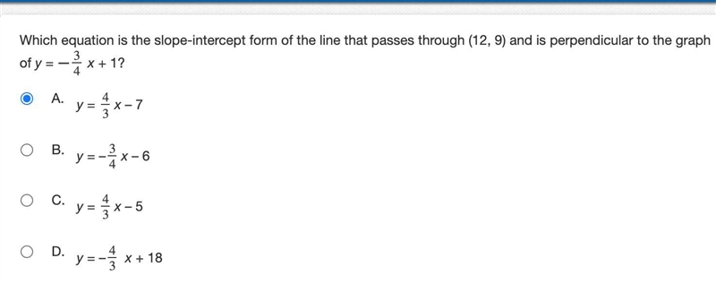 Which equation is the slope-intercept form of the line that passes through (12, 9) and-example-1