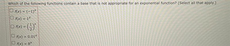 Help!! Which of the following functions contain a base that is not appropriate for-example-1