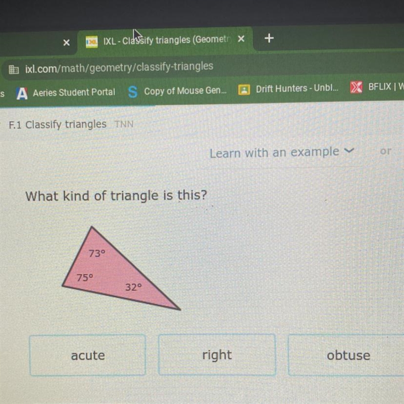 What kind of triangle is this? 73° 75° acute Submit 32° right obtuse-example-1