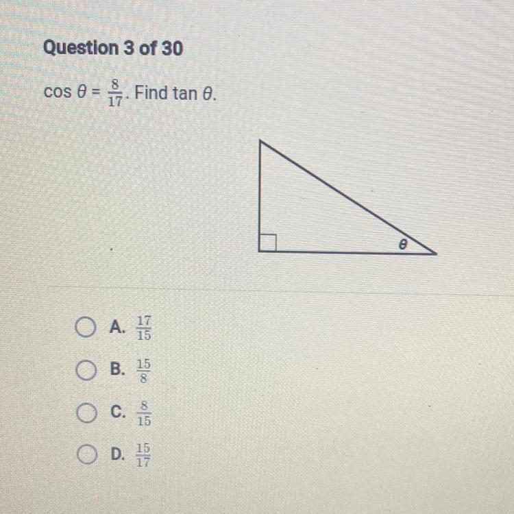 Cos 0 = . Find tan 0.-example-1