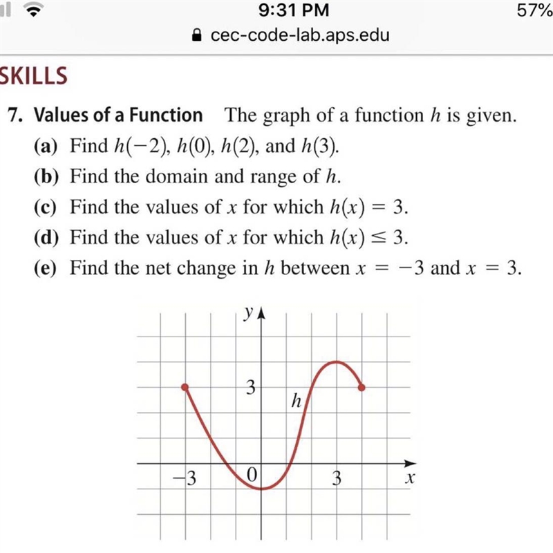 (a) Find h(- 2), h(0), h(2) , and h(3) (b) Find the domain and range of h.(c) Find-example-1