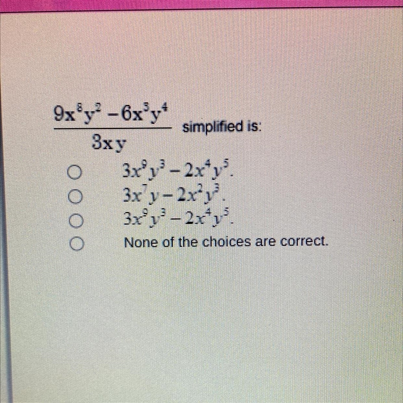 9x^8 y^2 - 6x^3 y^4 / 3xy simplified-example-1