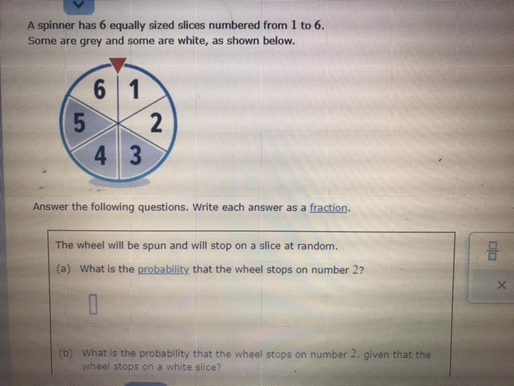 A spinner has 6 equal sized slices numbered from 1 to 6. Some are grey and some are-example-1