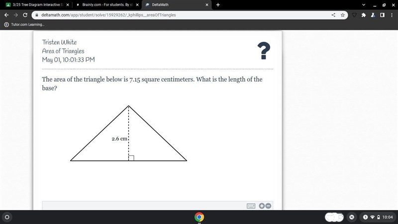 The area of the triangle below is 7.15 square centimeters. What is the length of the-example-1