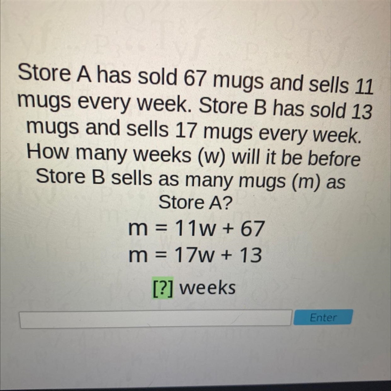 How many weeks will it be before store B sells as many mugs as store A-example-1