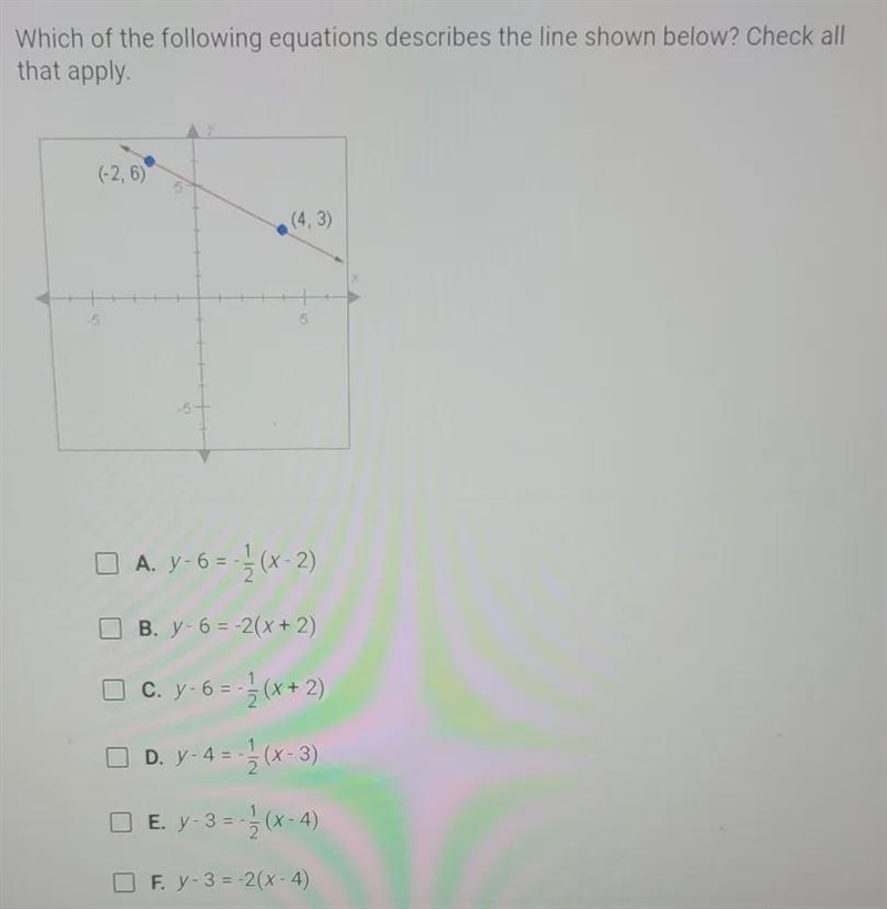 Which of the following equations describes the line shown below? check all that apply-example-1