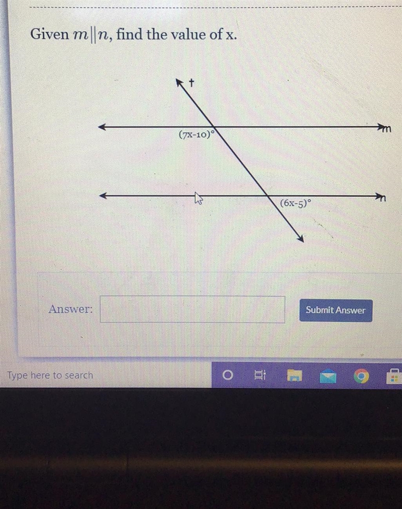 Given m n, find the value of x. (7X-10)9 (6x-5)°-example-1