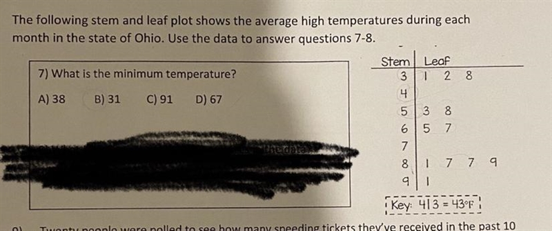 The following stem and leaf plot shows the average high temperatures during each month-example-1