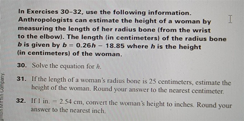 The equation for 30 is h=3.846b+72.5, solve 31 and 32.-example-1