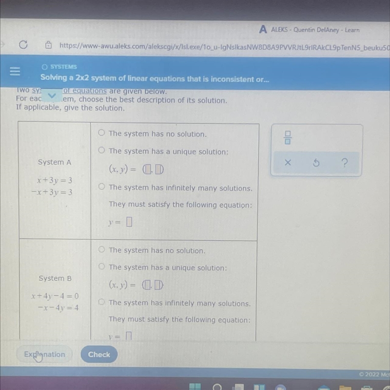 For each system choose the best description of a solution if applicable give the solution-example-1