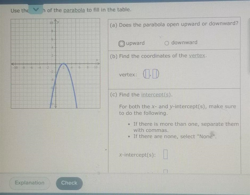 Use the graph of the parabola to fill in the table-example-1